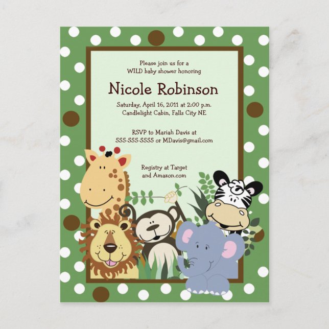 Cartão Postal De Convite A TRIPULAÇÃO ZOOLÓGICA chá de fraldas postal (Frente)