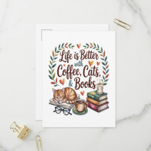 Cartão Postal De Convite A Vida é Melhor com Café Gatos Livros