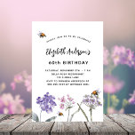 Cartão Postal De Convite Abelhas-silvestres violáceas<br><div class="desc">Um fundo branco. Decorado com abelhas e pintado flores silvestres em violeta e rosa. Personalize e adicione um nome e detalhes da parte.</div>