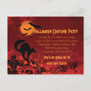 Cartão Postal De Convite Abstrato Black Cat and Bats Halloween Party