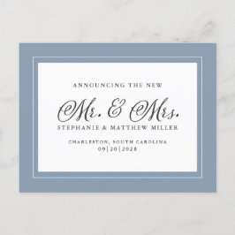 Cartão Postal De Convite Acabaram de Casar Fuga Dusty Blue Branco Elegante
