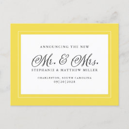 Cartão Postal De Convite Acabaram de Casar Fuga Elegante Amarelo Branco Mod