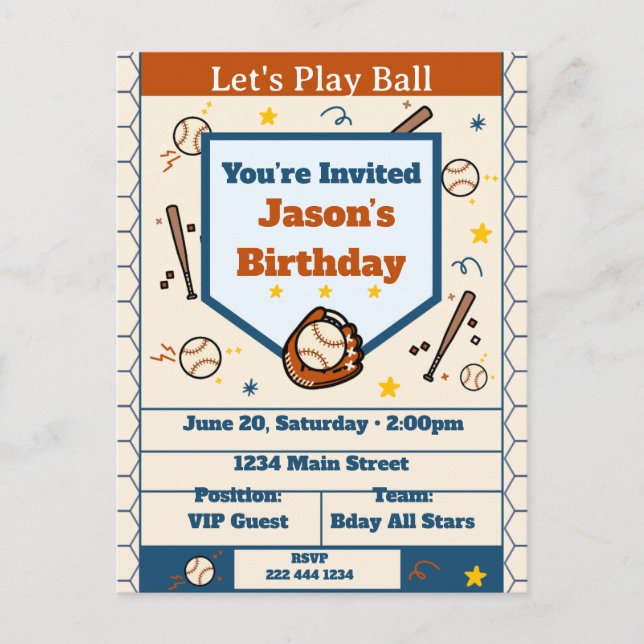 Cartão Postal De Convite Add Name - Baseball Birthday Invitation for Boys (Frente)