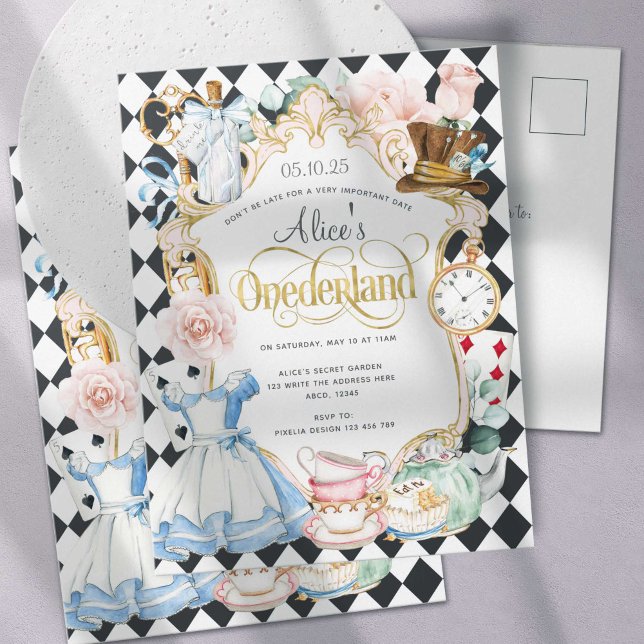 Cartão Postal De Convite Alice Onederland primeiro aniversario de uma festa (Criador carregado)