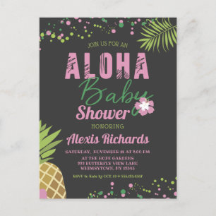 Cartão Postal De Convite Aloha Bebê Rosa Tropical Menina Chuvada de Bebê Es