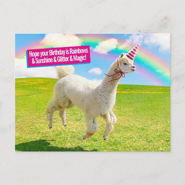 Cartão Postal De Convite Alpaca Unicorn No Rainbow Sky (Frente)