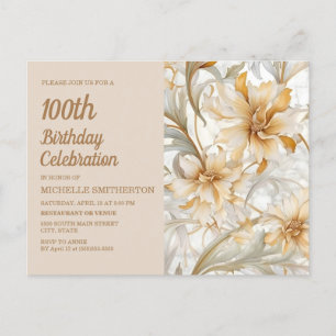 Cartão Postal De Convite Amarelo Champanhe Floral Aniversário de 100 anos F