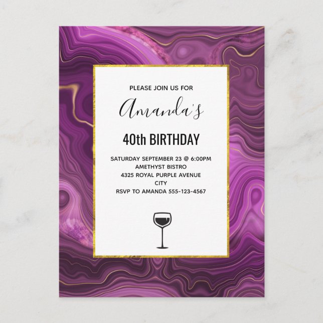 Cartão Postal De Convite Ametista Roxo E Agato De Abstrato Dourado (Frente)