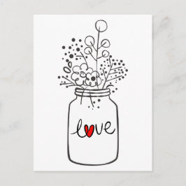 Cartão Postal De Convite Amor Floral Jarro de Mason Coração Vermelho Casame