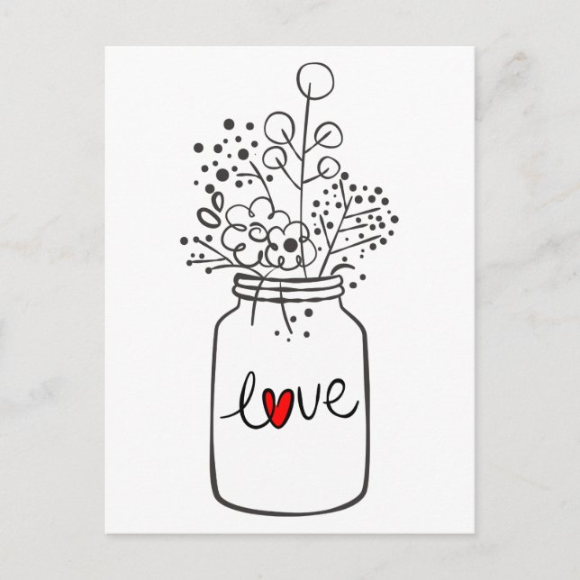 Cartão Postal De Convite Amor Floral Mason Jar Coração Vermelho Casamento F (Frente)