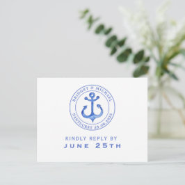 Cartão Postal De Convite Ancoragem Náutica Azul | Casamento RSVP