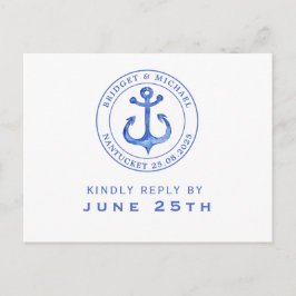Cartão Postal De Convite Ancoragem Náutica Azul | Casamento RSVP