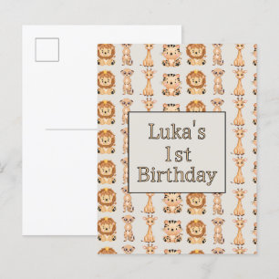 Cartão Postal De Convite Animais de Safari Bebês Fofos