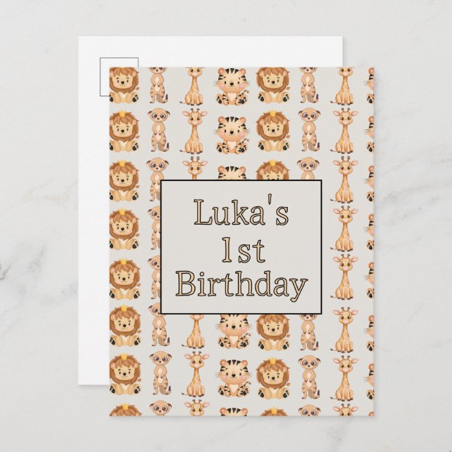 Cartão Postal De Convite Animais de Safari Bebês Fofos (Frente/Verso)