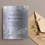 Cartão Postal De Convite Aniversário da prata nota o brilho do metal 40º<br><div class="desc">Uma placa moderna de convite de festas aniversário de 40 anos. Um fundo metálico de aspecto negro e prateado, com notas musicais, letras negras coloridas. Decorado com pó de brilho falso. Personalize e adicione um nome e informações da parte. Traseiro: design postal. Dica: Se você não quiser que pareça um...</div>