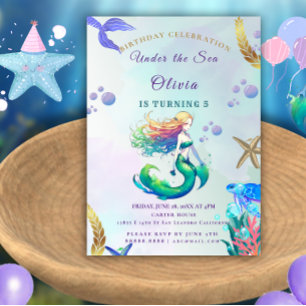Cartão Postal De Convite Aniversário da Sereia Roxa e Dourada sob o Mar
