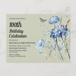 Cartão Postal De Convite Aniversário de 100 anos de Mulheres em Azul Floral
