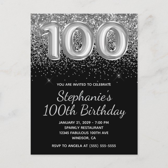 Cartão Postal De Convite Aniversário de 100 anos Sparkly Prata Brilhante Pr (Frente)
