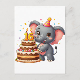 Cartão Postal De Convite Aniversário de 16 anos de Elefante Fofo