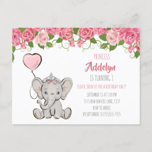 Cartão Postal De Convite Aniversário de 1 ano da Princesa Elefante Infantil