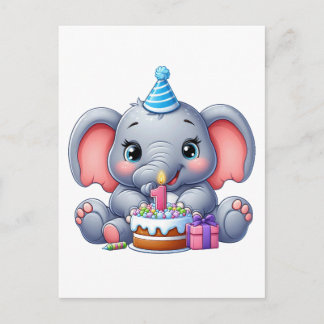 Cartão Postal De Convite Aniversário de 1 ano do Elefante Bebê
