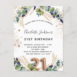 Cartão Postal De Convite aniversário de 21 anos eucalyptus greenery glitter