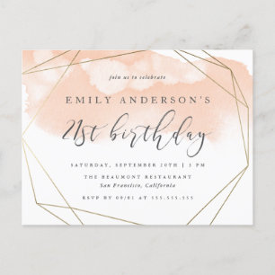 Cartão Postal De Convite Aniversário de 21 anos Geométrico Chic Blush Wat