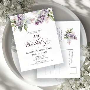 Cartão Postal De Convite ANIVERSÁRIO DE 21 ANOS Púrpura Lilac Floral do PAR