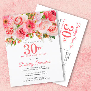 Cartão Postal De Convite Aniversário de 30 anos Floral Rosa Elegante
