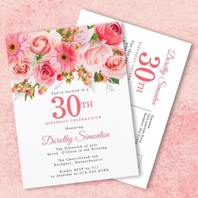 Cartão Postal De Convite Aniversário de 30 anos Floral Rosa Elegante (Criador carregado)