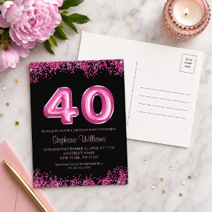 Cartão Postal De Convite aniversário de 40 anos Black Pink Balloons Glitpar