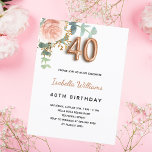 Cartão Postal De Convite aniversário de 40 anos de ouro floral eucalipto ve<br><div class="desc">Um convite elegante para uma festa de aniversário de 40 anos. Um fundo branco chic. Decorados com um rosa de ouro e rosa cor-de-rosa-esbranquiçada, folhas de eucalipto florais, verdes, galhos, verde e borras de ouro. Personalize e o nome e os detalhes da festa. Letras pretas e ouros. O nome é...</div>