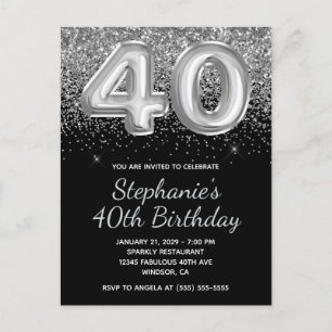 Cartão Postal De Convite Aniversário de 40 anos do balão preto brilhante pr