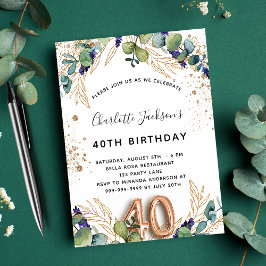 Cartão Postal De Convite aniversário de 40 anos eucalyptus greenery glitter