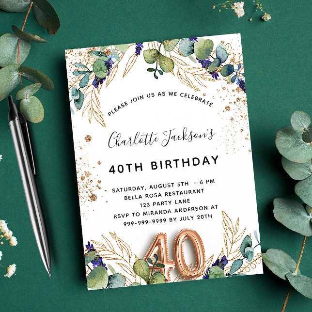 Cartão Postal De Convite aniversário de 40 anos eucalyptus greenery glitter (Criador carregado)