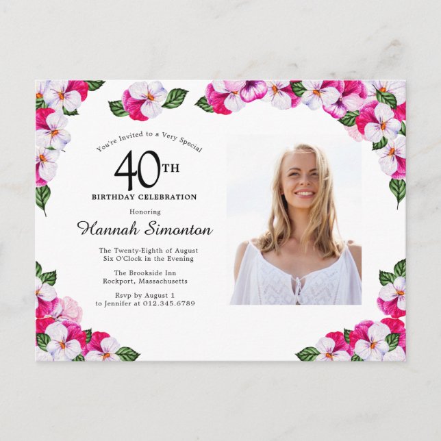 Cartão Postal De Convite Aniversário de 40 anos Floral Branco Rosa (Frente)