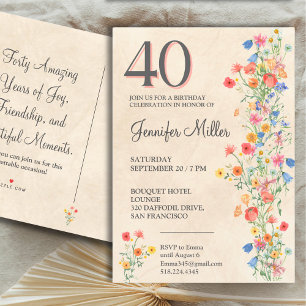 Cartão Postal De Convite Aniversário de 40 anos Floral Elegante, Flores Sel