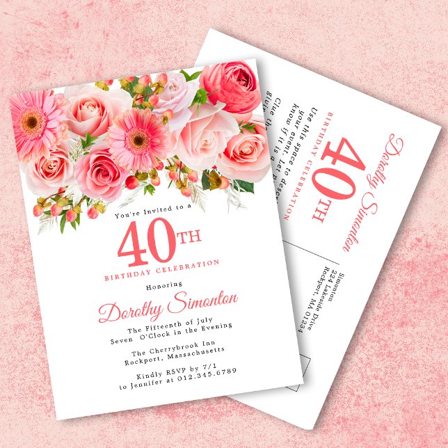Cartão Postal De Convite Aniversário de 40 anos Floral Rosa Elegante (Criador carregado)