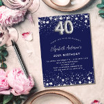 Cartão Postal De Convite aniversário de 40 anos marinho estrelas de prata a<br><div class="desc">Um convite moderno,  na moda e glamouroso para um aniversário de 40 anos. Um fundo azul marinho,  decorado com estrelas de falso prata. Personalize e adicione seu nome e detalhes da festa. O número 40 é escrito com uma fonte de estilo de balão.</div>