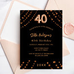 Cartão Postal De Convite aniversário de 40 anos negro rosa dourado, estrela<br><div class="desc">Para uma aniversário de 40 anos elegante. Um fundo negro. Decorado com estrelas rosa douradas. Personalize e adicione um nome,  detalhes da festa,  ano de nascimento. O nome é escrito com um script de estilo manuscrito</div>