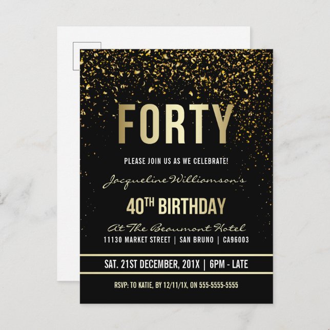 Cartão Postal De Convite aniversário de 40 anos | Shimmering Dourado Confet (Frente/Verso)