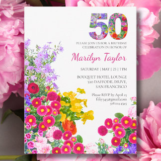 Cartão Postal De Convite Aniversário de 50 anos Colorido Floral 50 Festa no