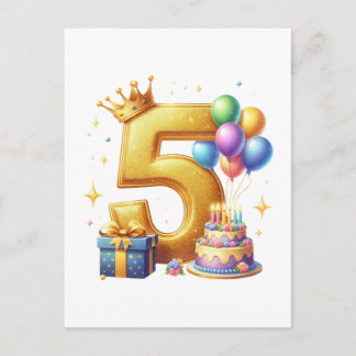 Cartão Postal De Convite Aniversário de 5 anos dourado