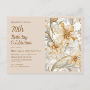 Cartão Postal De Convite Aniversário de 70 anos Floral Bege Dourado Elegant