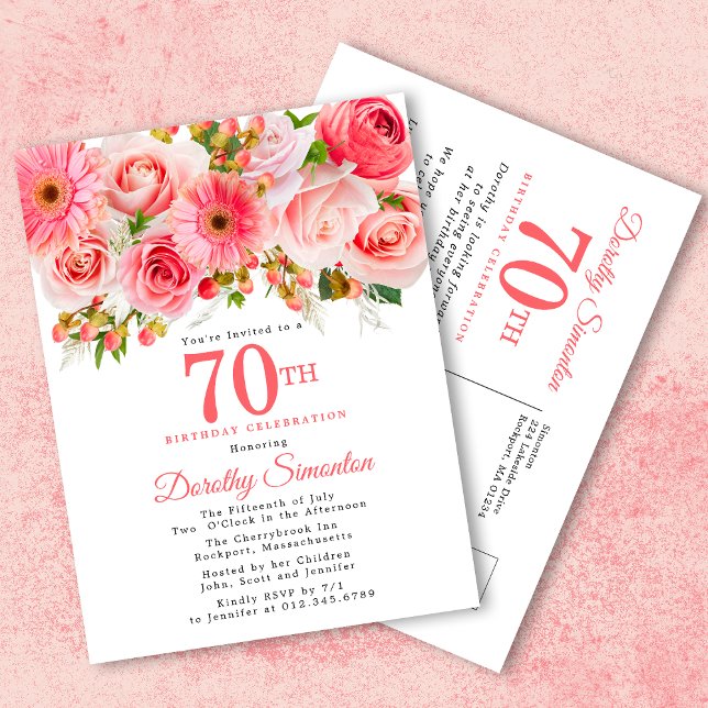 Cartão Postal De Convite Aniversário de 70 Floral Rosa Elegante (Criador carregado)