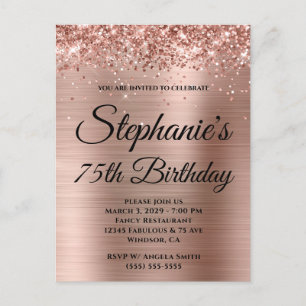 Cartão Postal De Convite Aniversário de 75 anos em Glittery Rose Gold Foil