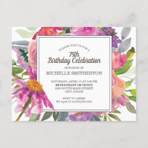 Cartão Postal De Convite Aniversário de 75 anos feminino floral rosa roxo