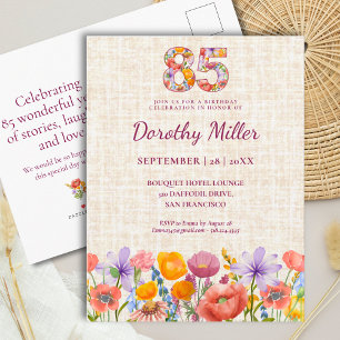 Cartão Postal De Convite Aniversário de 85 anos para Ela - Número Floral