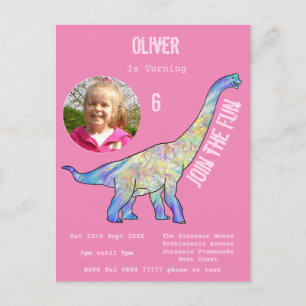 Cartão Postal De Convite Aniversário de Meninas Dinossauro Brachiosaurus Ro