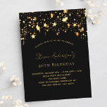 Cartão Postal De Convite Aniversário de ouro negro celebra festa elegante<br><div class="desc">Um convite de aniversário elegante para homens e mulheres. Fundo preto,  decorado com estrelas ouros. Personalize e adicione seu nome e detalhes da festa.</div>
